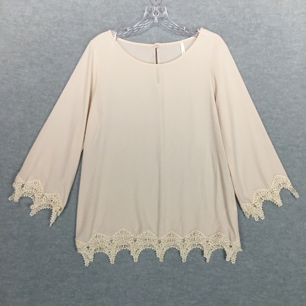 Sage Medium Cream Tunic Blouse Crochet Lace Trim 3/4 Sleeve Round Neck Career